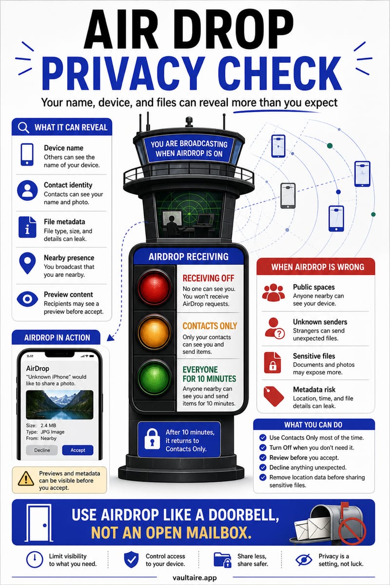 iPhone AirDrop Privacy: What It Shares — illustrated Vaultaire guide card