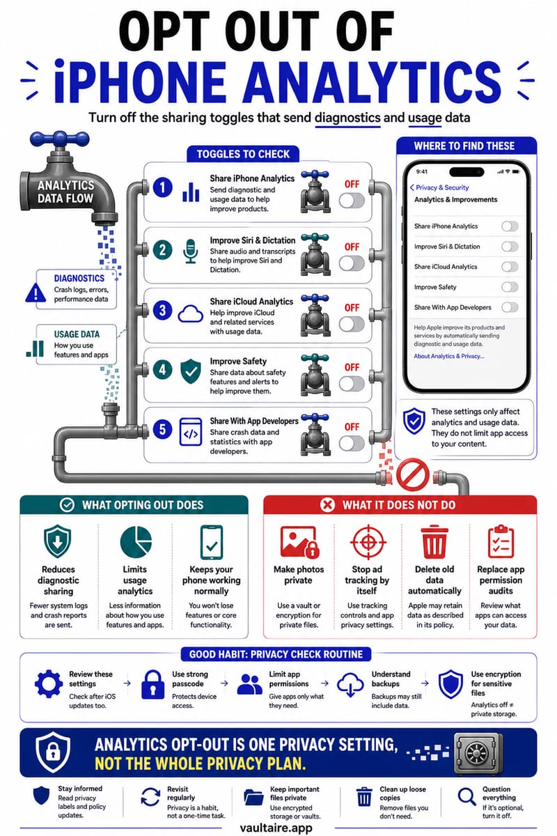 How to Opt Out of iPhone Analytics Sharing (2026) — illustrated Vaultaire guide card