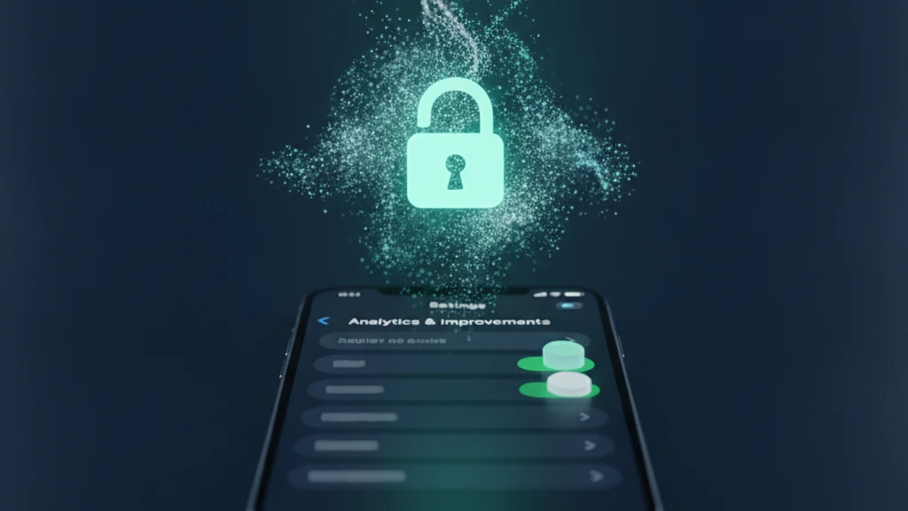 An iPhone on a dark desk showing the Analytics and Improvements settings with the Share iPhone Analytics toggle switching off behind a glowing teal padlock