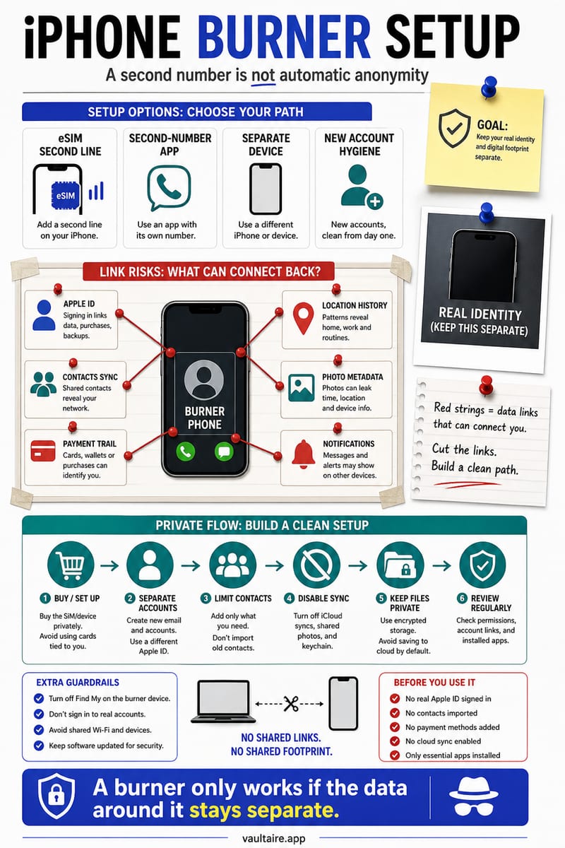 iPhone Burner Phone Setup: A Private, Step-by-Step Guide — illustrated Vaultaire guide card