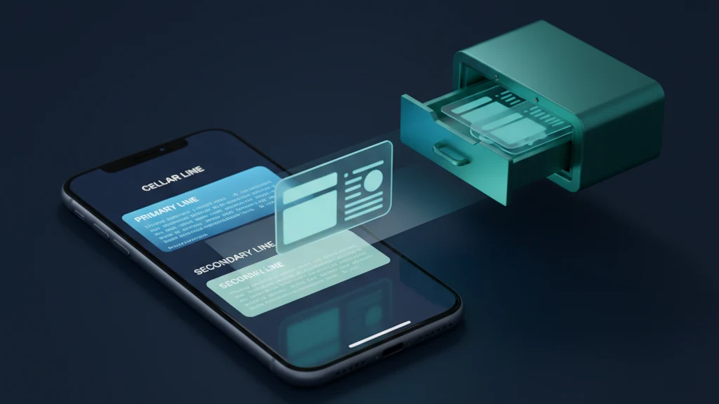 An iPhone showing a second cellular line in Settings next to a separate vault holding the photos and documents from a burner number