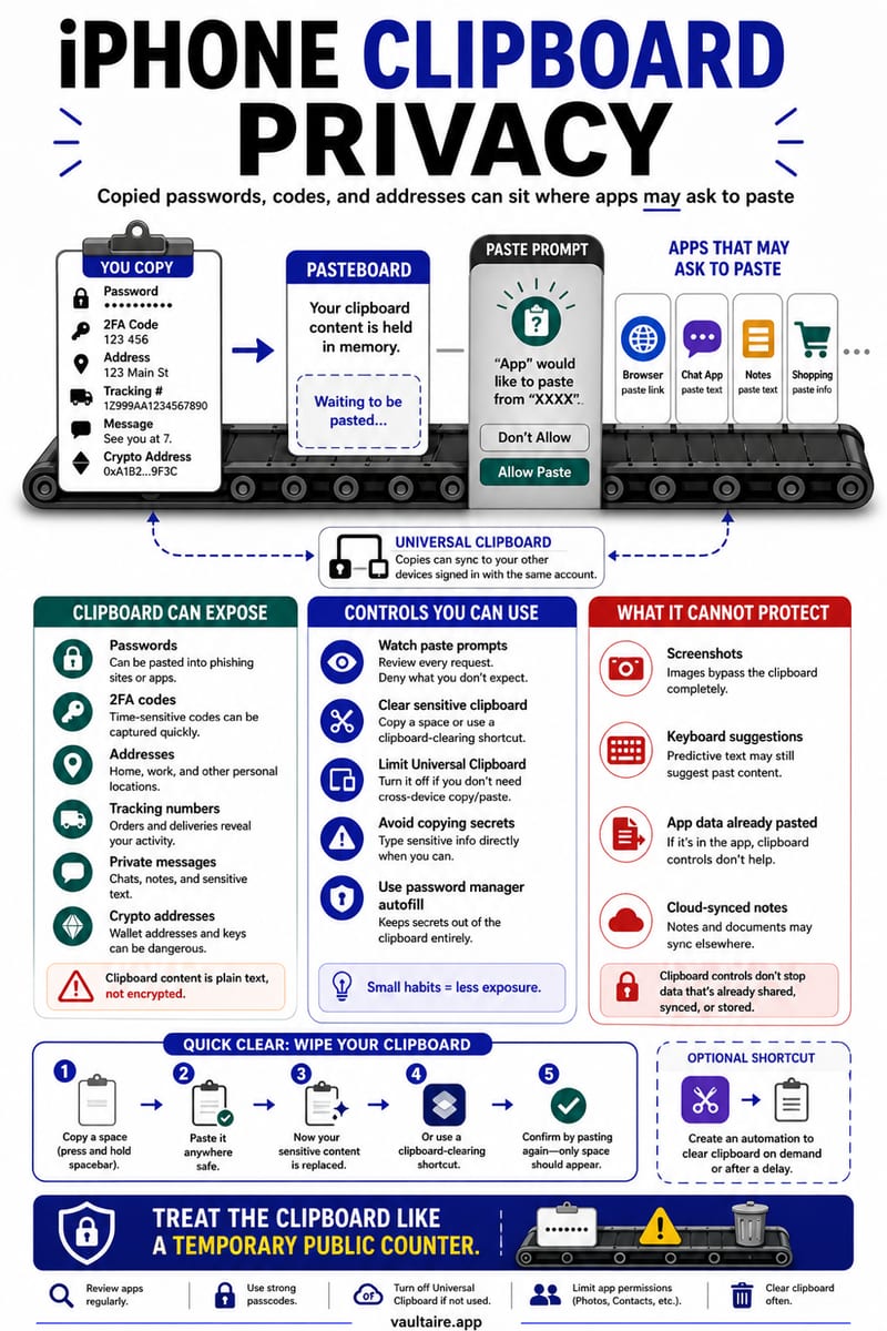 iPhone Clipboard Privacy: Control Which Apps Can Read It (2026) — illustrated Vaultaire guide card