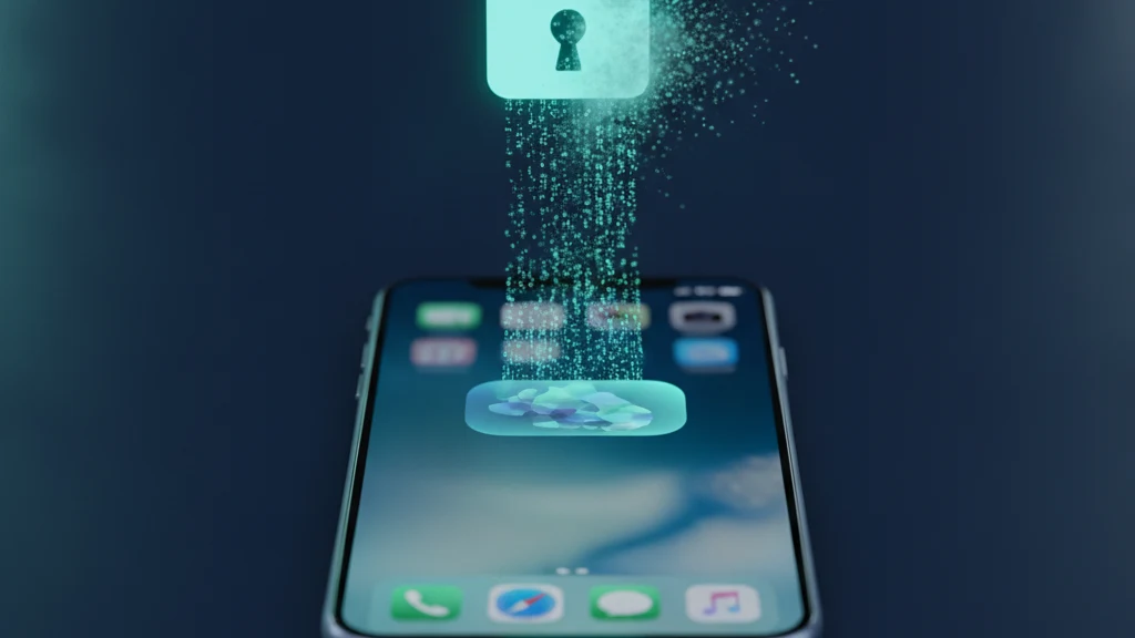 An iPhone on a dark desk showing a Pasted from banner at the top of the screen while a glowing teal padlock seals a stream of copied text leaving the clipboard