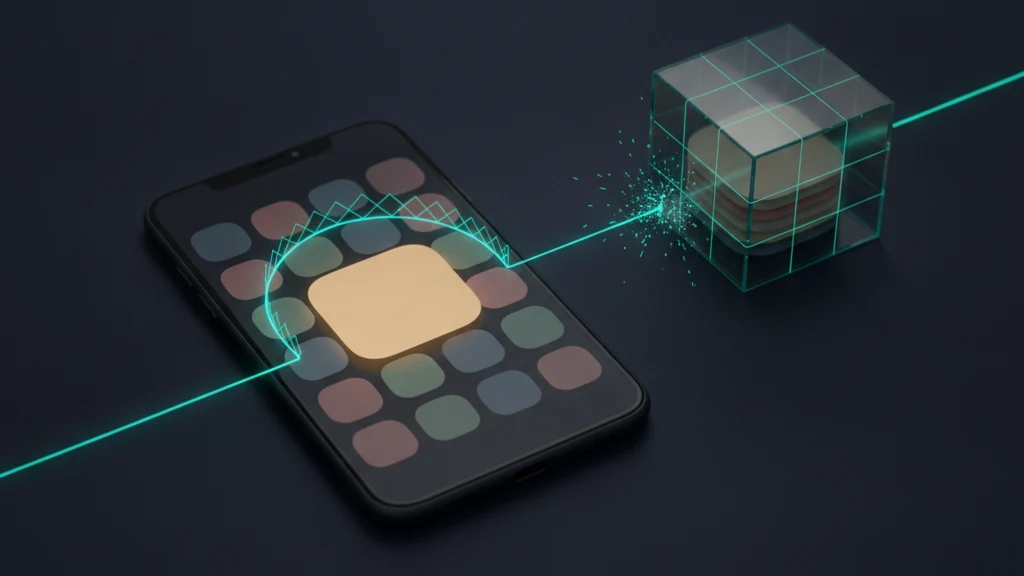 An iPhone lying flat on a dark navy surface with a single app pinned to the screen and a thin teal boundary drawn around it, while a second teal light trail slips past the edge of that boundary toward the rest of the Home Screen and a third trail breaks apart against a sealed translucent vault cube resting alongside.