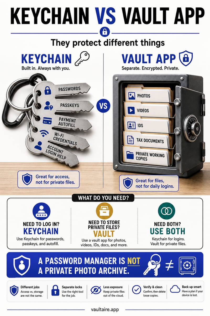 iPhone Keychain vs Vault App: What Each Protects — illustrated Vaultaire guide card