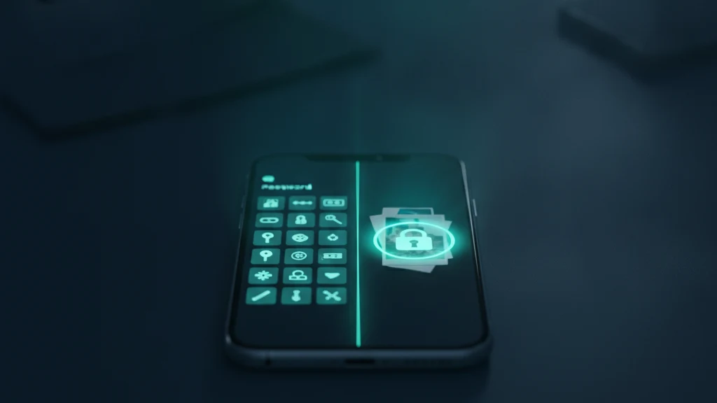 An iPhone split into two glowing teal panels, one holding rows of password keys for iCloud Keychain and the other holding a stack of locked photo and document cards for a vault app