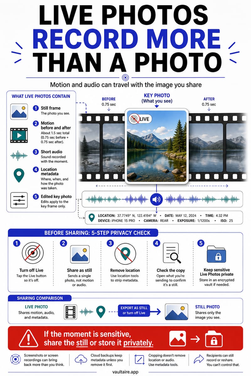 iPhone Live Photos Privacy: What They Record — illustrated Vaultaire guide card