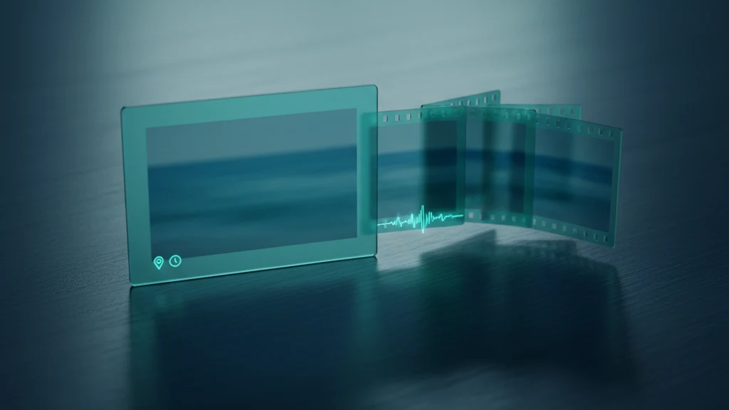 Abstract illustration of a single photo frame unfolding into a short filmstrip with a glowing sound wave, representing the motion and audio hidden inside a Live Photo.