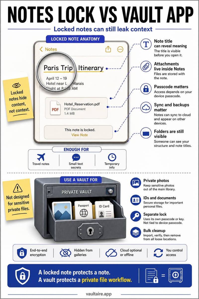 iPhone Notes Lock vs a Vault App: What to Trust — illustrated Vaultaire guide card
