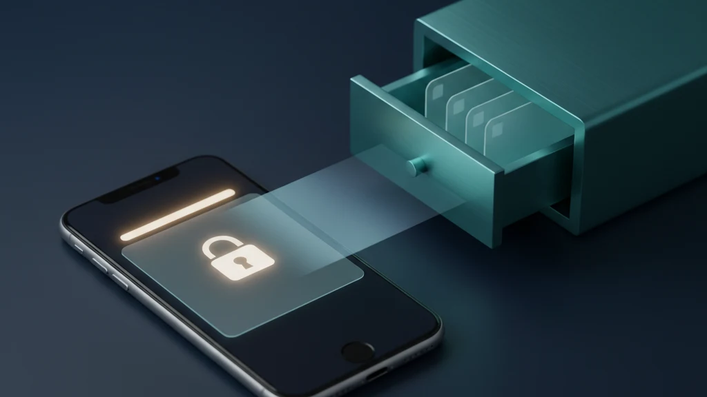An iPhone showing a locked Apple Note with its title still visible, next to a separate vault app holding files