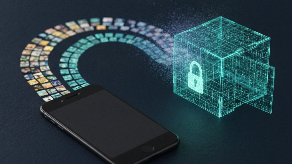 An iPhone on a dark navy desk with three glowing streams of small photo tiles flowing into a translucent vault cube sealed by a padlock of light, illustrating the different ways iPhone photo backups are encrypted.