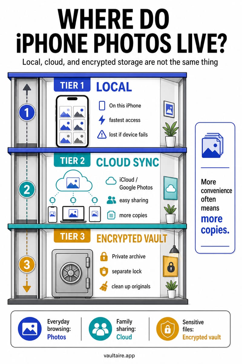 iPhone Photo Storage: Local, iCloud, and Encrypted Options — illustrated Vaultaire guide card
