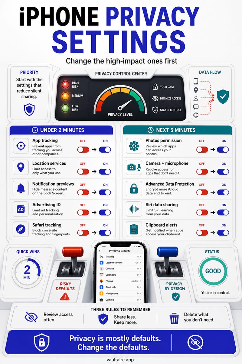 iPhone Privacy Settings You Should Change Right Now (2026) — illustrated Vaultaire guide card