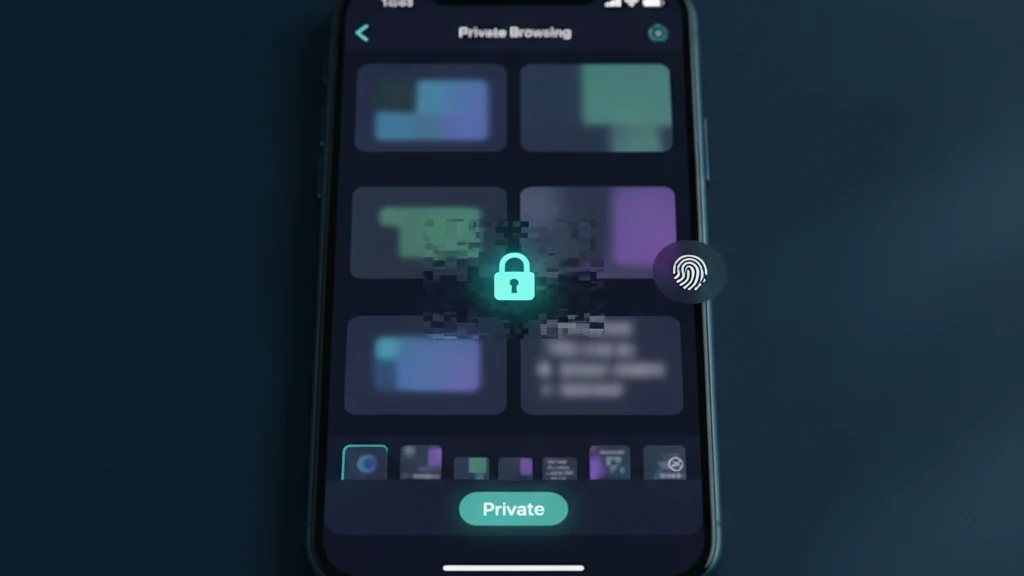 An iPhone on a dark desk showing Safari in Private Browsing with a private tab sealed behind a glowing Face ID padlock