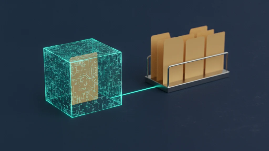 A dark navy surface holding one closed translucent teal vault cube with a single blank folder tab visible inside it, while four identical blank folder tabs stand upright in an open rack beside the cube, reachable from every side.