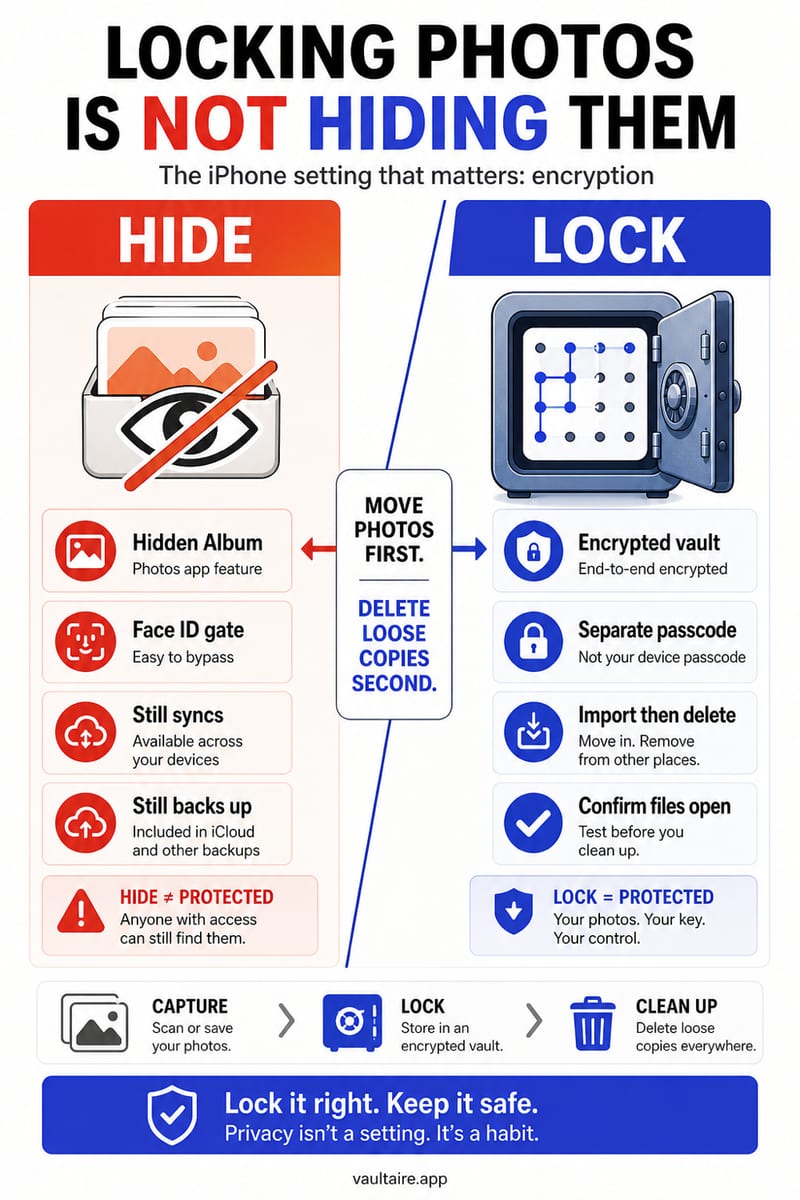 How to Lock Photos on iPhone in 2026 (Step-by-Step) — illustrated Vaultaire guide card