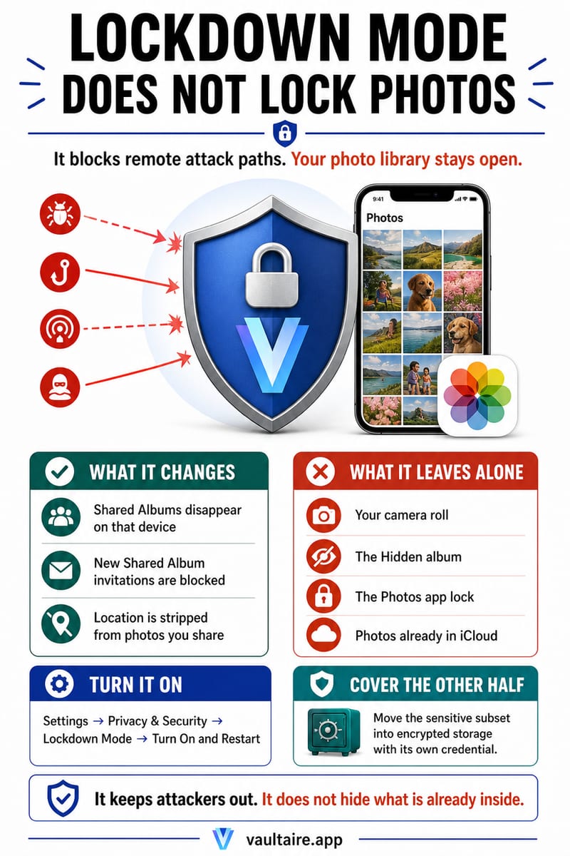Does Lockdown Mode Protect Your Photos on iPhone? — illustrated Vaultaire guide card
