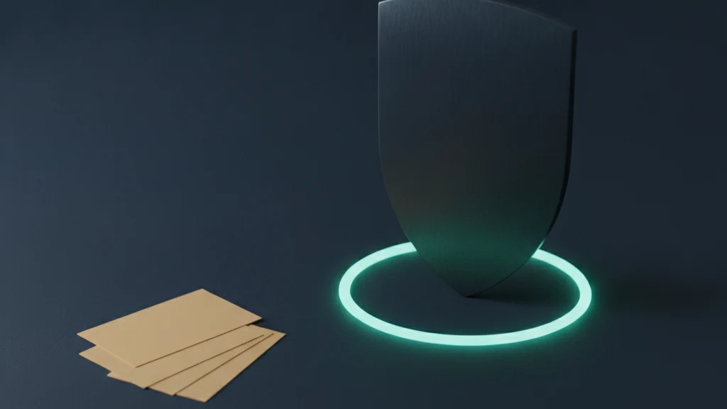 A tall dark matte shield shaped panel stands upright on a navy surface ringed by a closed band of teal light, while a small open stack of blank sand colored cards rests beside it outside the ring.