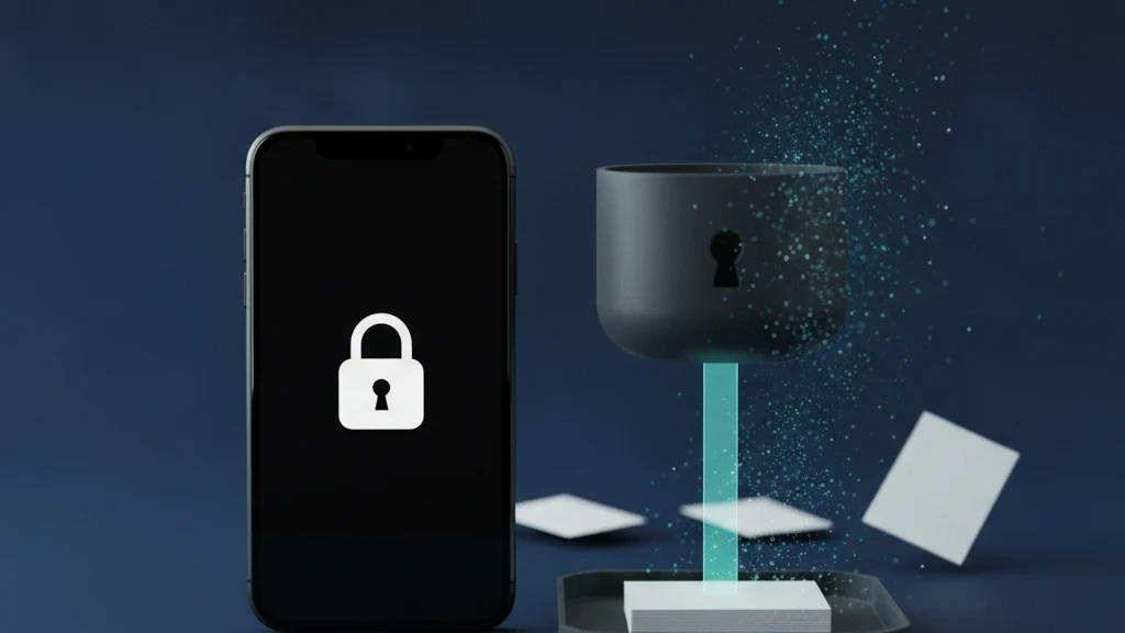 An iPhone moving a stack of photos from the Camera Roll into a locked vault app while the leftover copies are cleared away.