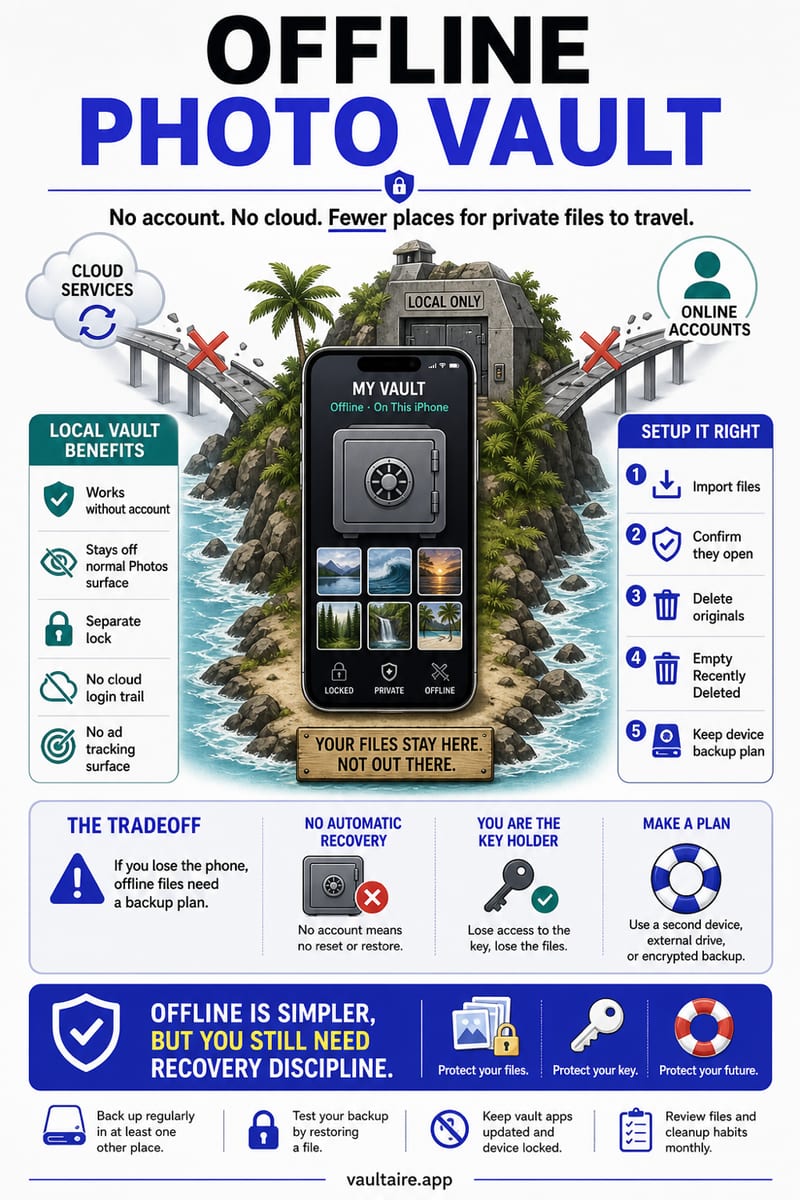 Offline Photo Vault for iPhone: No Account, No Cloud — illustrated Vaultaire guide card