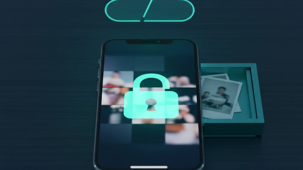 Abstract illustration of an iPhone with a closed padlock over the photo grid and a crossed-out cloud, suggesting private photos kept on the device with no account and no upload.