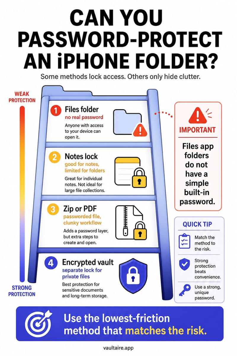 Lock a Folder on iPhone: 5 Workarounds, Ranked (2026) — illustrated Vaultaire guide card