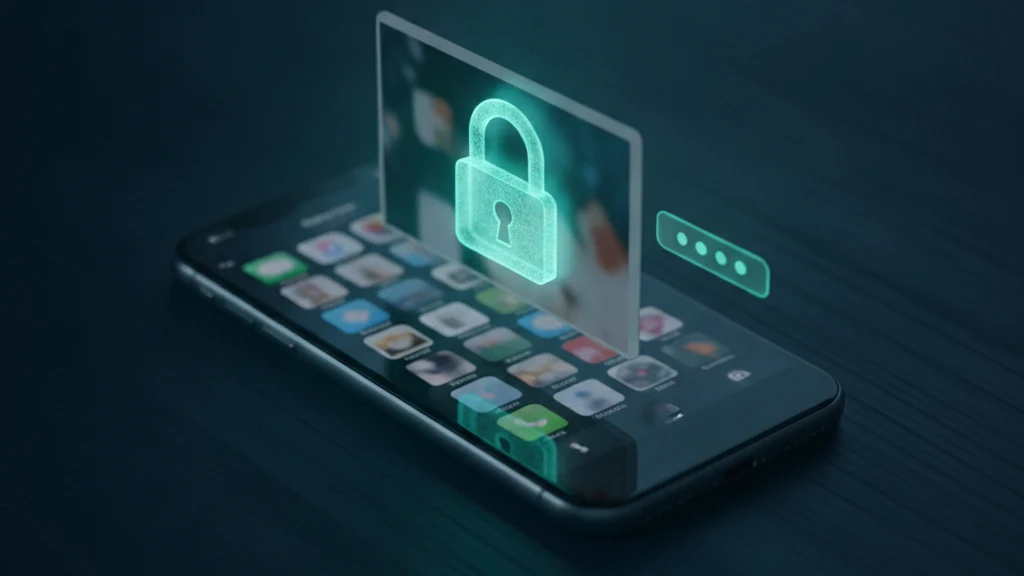 A single iPhone photo lifted out of a grid of pictures and sealed behind a glowing teal padlock, with a separate password field guarding only that one image
