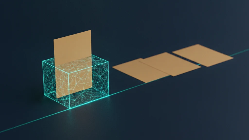 A dark navy surface holding one upright blank document sheet sealed inside a small translucent teal vault cube, while three identical unsealed copies of the same sheet lie open and flat beside it.