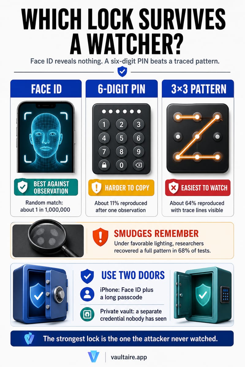 Pattern Lock vs PIN vs Face ID: Which Is Actually Safer? — illustrated Vaultaire guide card