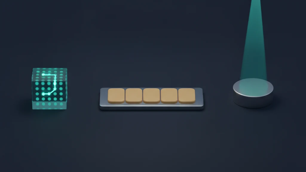 A dark navy surface holding three separate objects in a row: a translucent teal cube whose top face carries a five by five grid of small dots with a glowing line threaded through six of them, a low tray of five identical blank rounded tiles, and a narrow cone of teal light falling onto an empty pedestal.