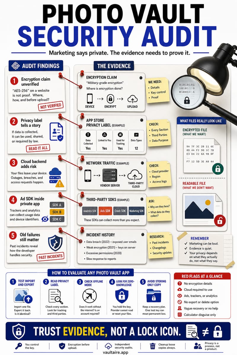 Are Photo Vault Apps Safe? A 2026 Security Audit — illustrated Vaultaire guide card