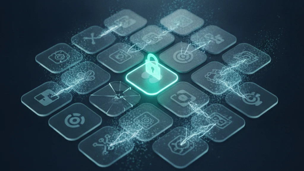 Dark technical illustration of a padlock over a blurred photo grid, representing encrypted photo vault app security on iPhone