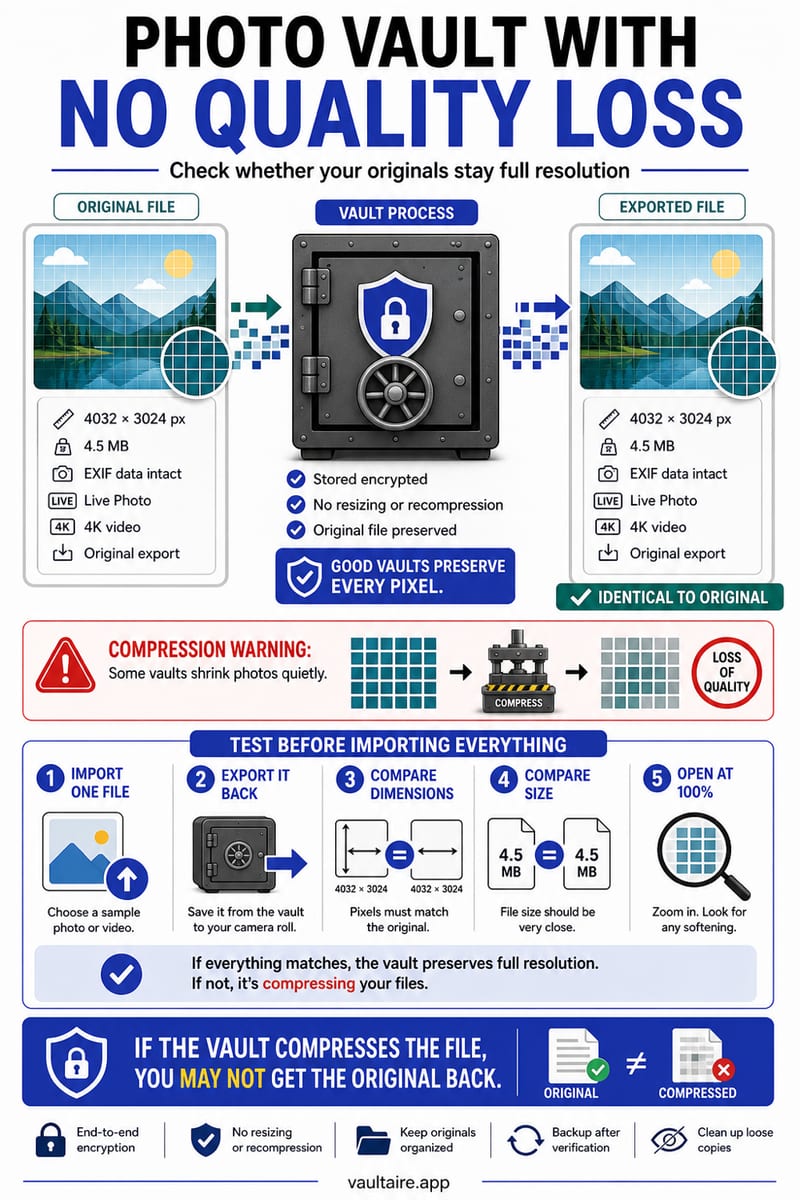 Photo Vault With No Quality Loss: Full Resolution on iPhone — illustrated Vaultaire guide card