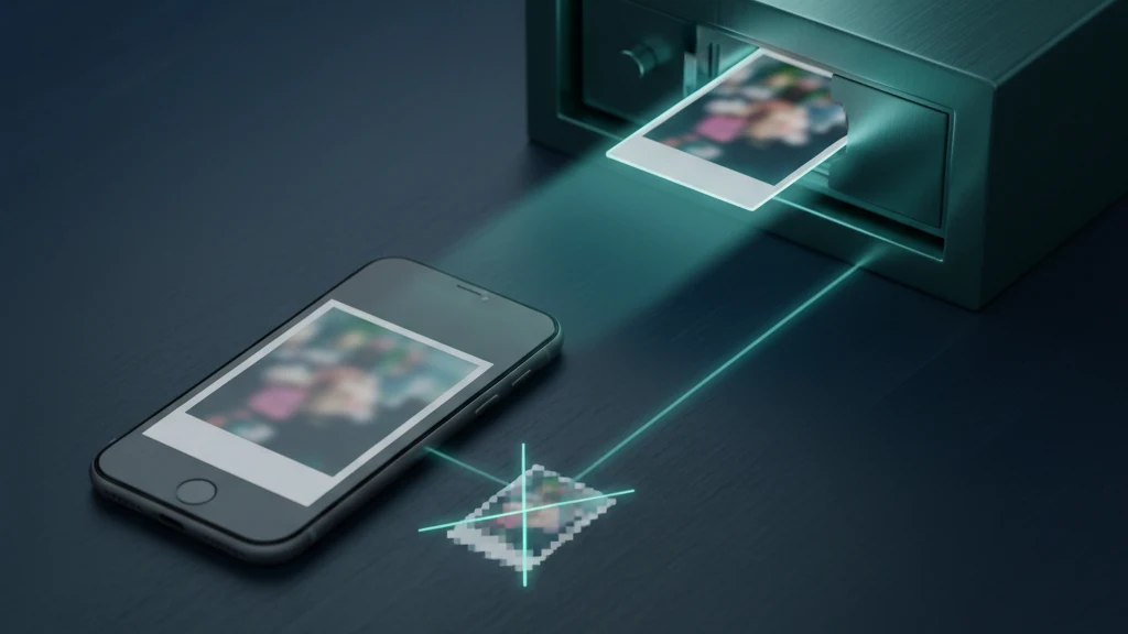 Abstract illustration of an iPhone photo being moved into a vault at full size, with a sharp high-resolution grid on one side and a blurred compressed copy crossed out on the other.