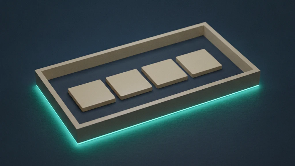 An abstract image of a shallow sand colored tray pulled out from a dark navy panel. Four plain small tiles sit neatly inside it, and a thin teal line of light traces the edge of the tray.