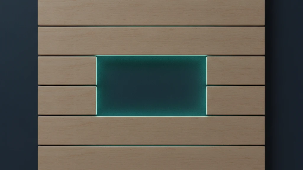 An abstract image of pale sand-colored slats arranged vertically at even intervals on a dark navy background, with a gap where the fourth slat from the top would be, its outline traced by a thin teal line of light.