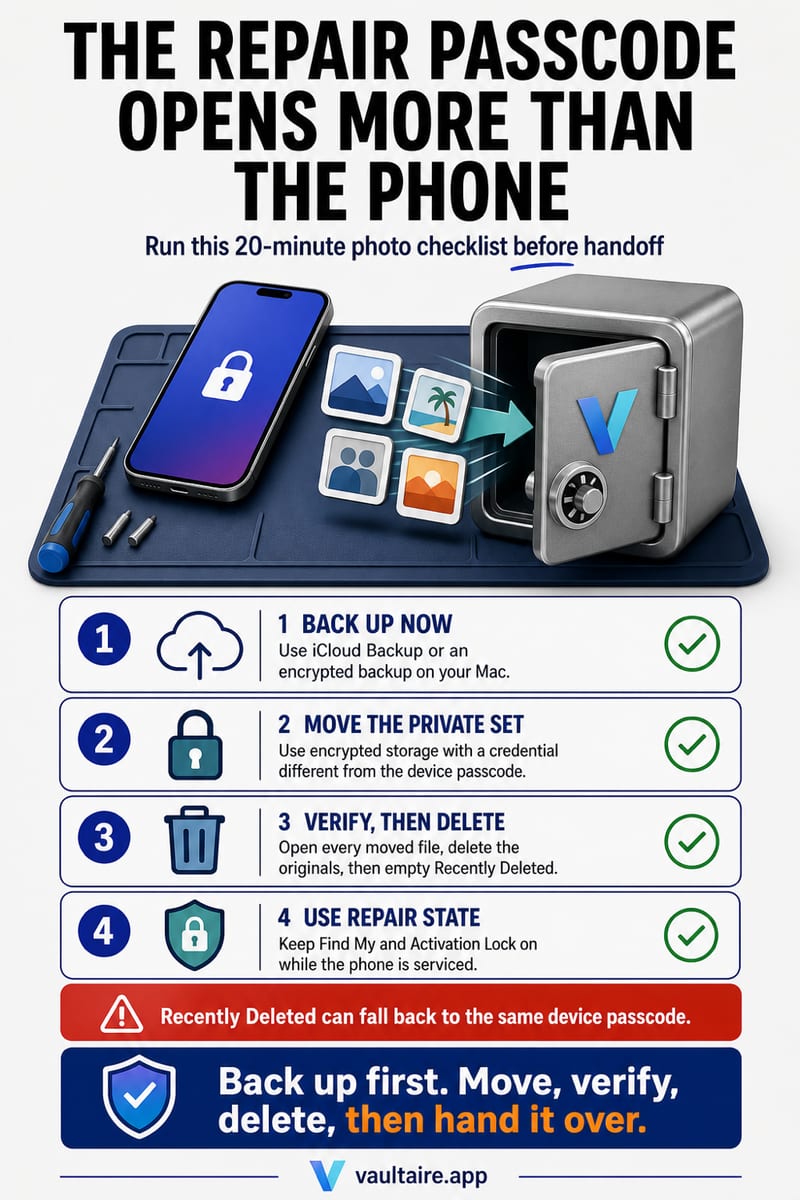 How to Protect Your Photos Before an iPhone Repair — illustrated Vaultaire guide card