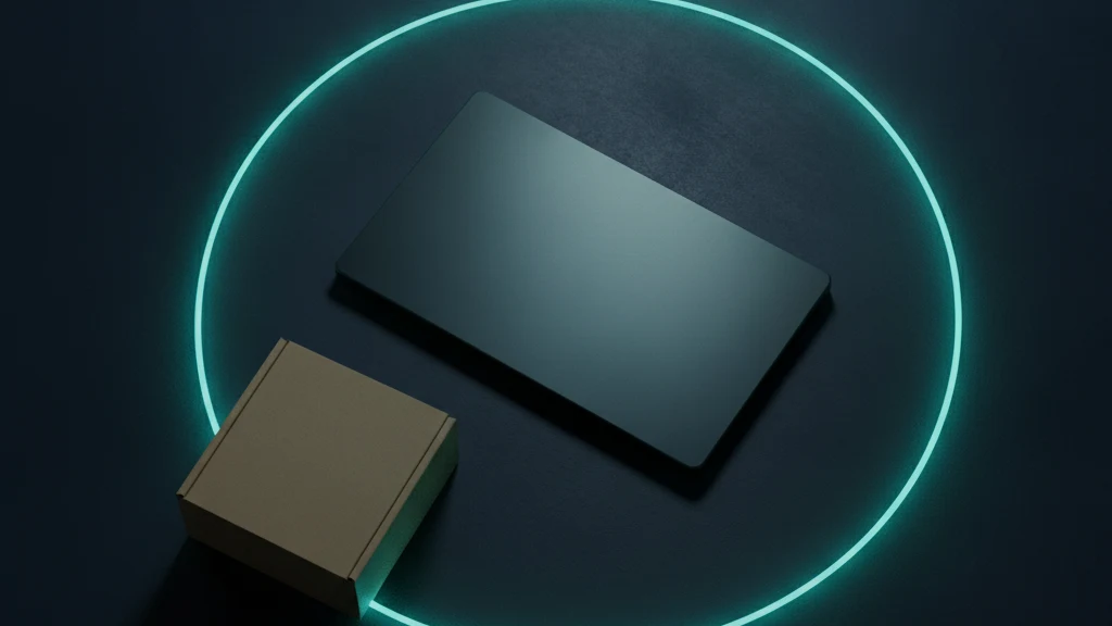 A blank dark matte rectangular slab lies on a navy workbench surface inside a closed ring of teal light, while a small sealed sand colored box sits outside the ring in shadow.