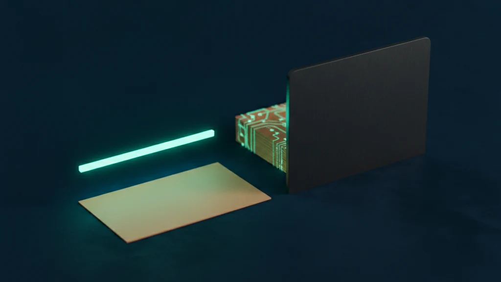 A dark navy surface where a bar of teal light sweeps across a single blank sand colored card, while a neat stack of the same blank cards rests behind a raised dark matte panel and is wrapped in thin teal light lines.