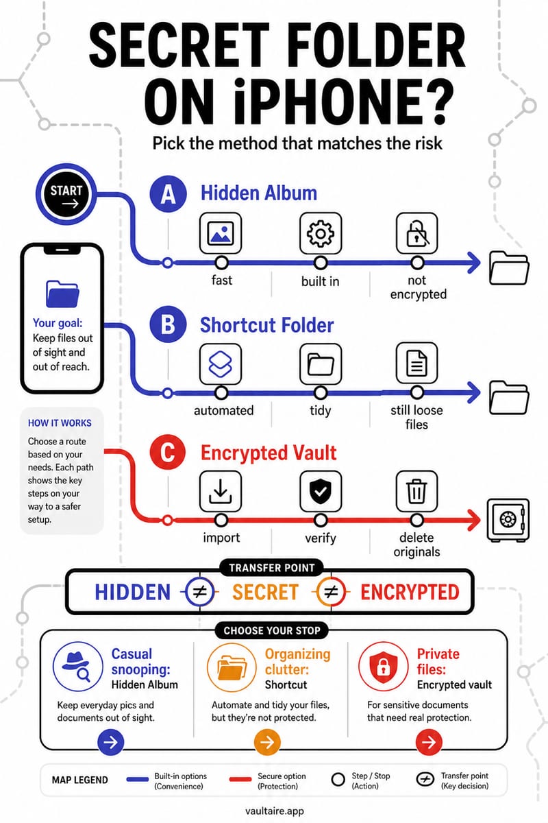 How to Create a Secret Folder on iPhone in 2026 — illustrated Vaultaire guide card