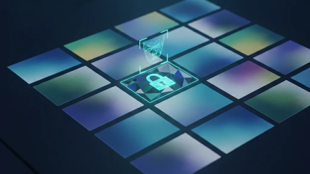 An iPhone Photos app showing the Hidden album locked behind a Face ID prompt, next to a separate encrypted vault app icon.