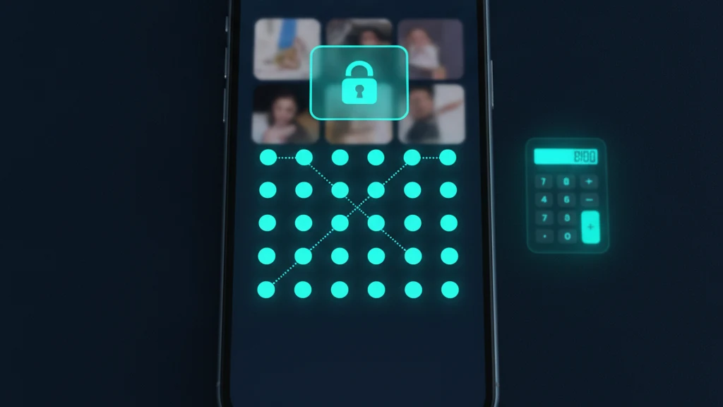 An iPhone screen showing a locked photo vault app interface with a pattern unlock grid, representing a secret photo app for iPhone.