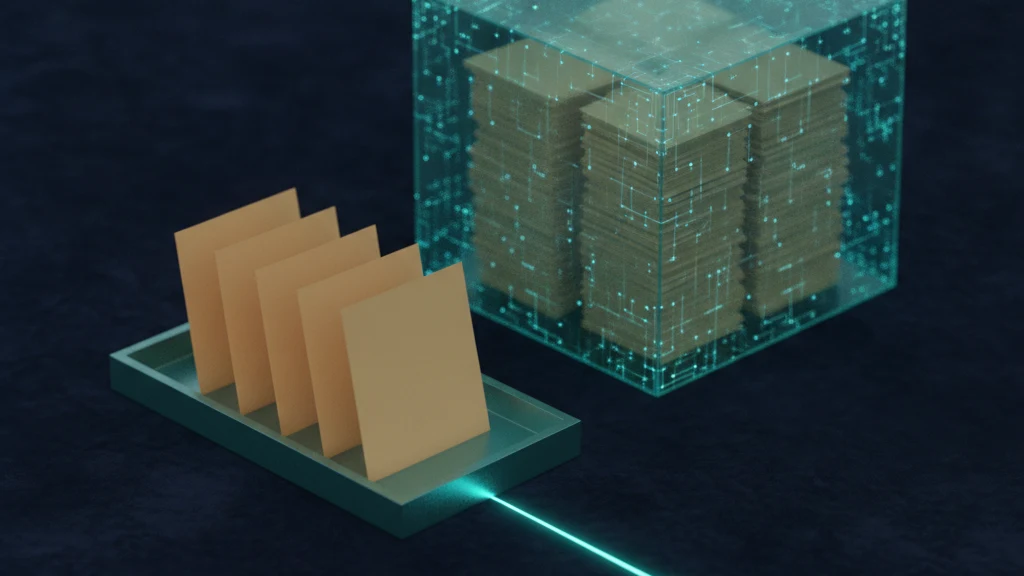 A dark navy surface where a small teal framed tray holds five blank photo tiles facing outward, while a much larger stack of identical blank tiles sits sealed inside a closed translucent teal vault cube behind it.
