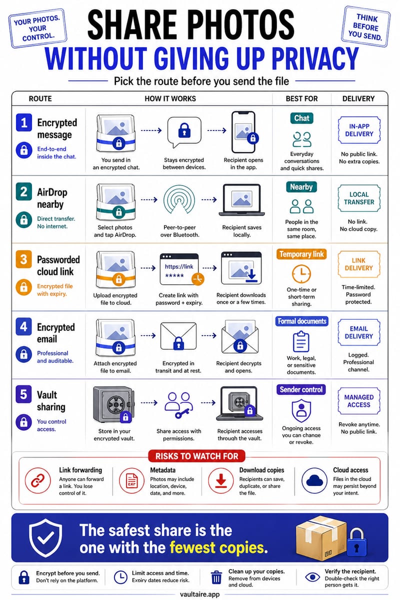 How to Share Photos Securely (Without Giving Up Privacy) — illustrated Vaultaire guide card