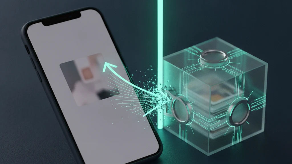 An iPhone held out on a dark navy background showing a single photo, with a translucent barrier stopping a swipe gesture at the screen edge, while a sealed vault cube glows with teal light beside it, illustrating how to show one picture without letting someone swipe to the rest.