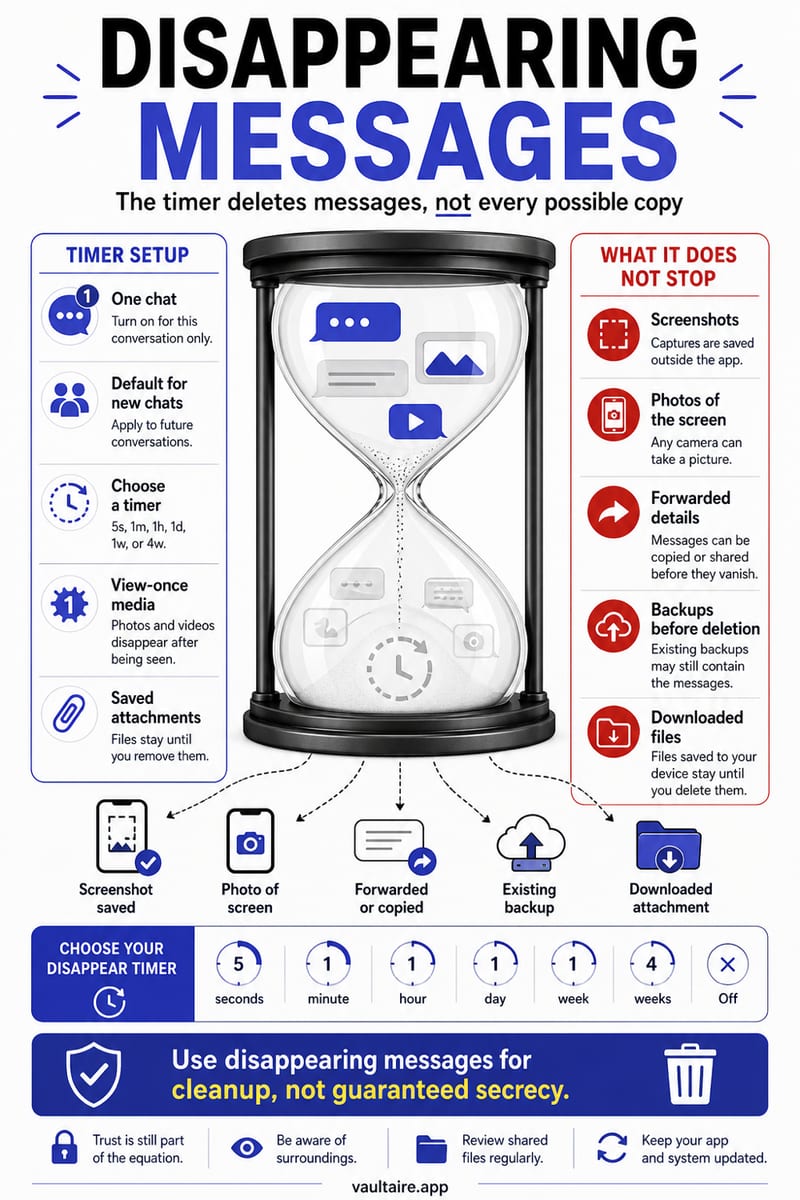 Signal Disappearing Messages on iPhone: How to Use Them — illustrated Vaultaire guide card