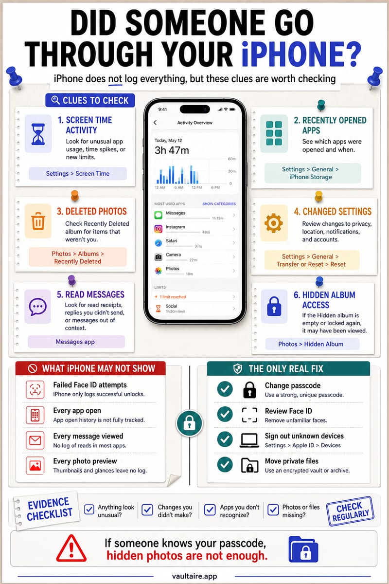 How to Tell if Someone Went Through Your iPhone — illustrated Vaultaire guide card