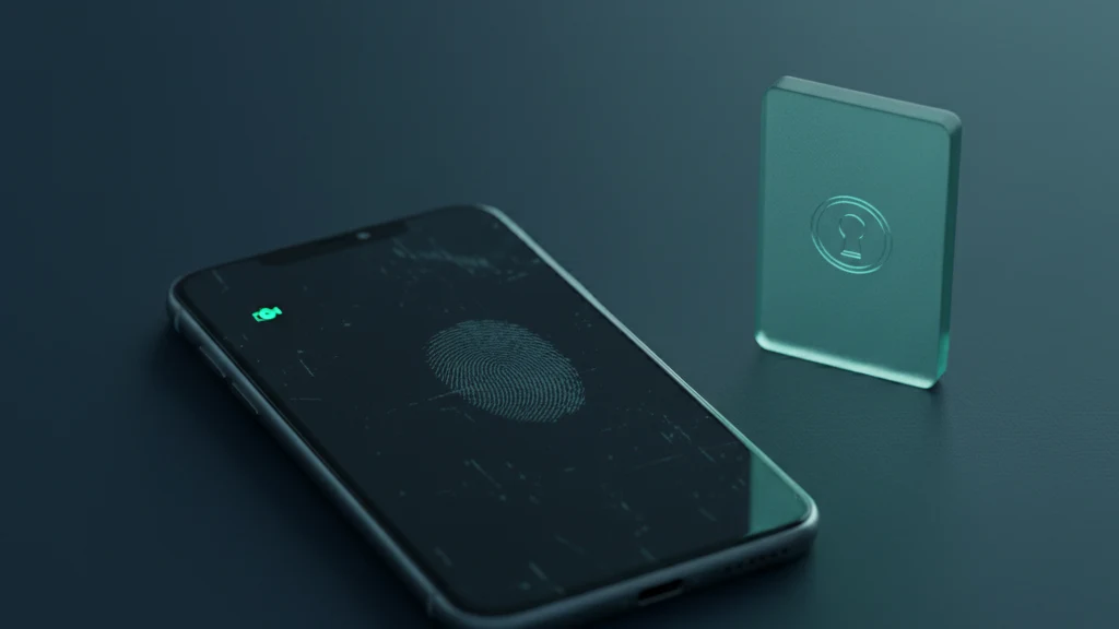 Abstract illustration of a phone screen with faint fingerprint smudges and a glowing green camera dot, suggesting someone recently handled it.