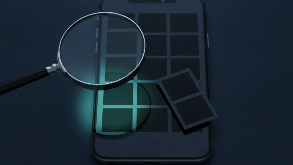 An iPhone lying face up with the Photos app open, a magnifier over the Recently Deleted and Hidden albums, suggesting someone checking whether their photos were opened without permission.