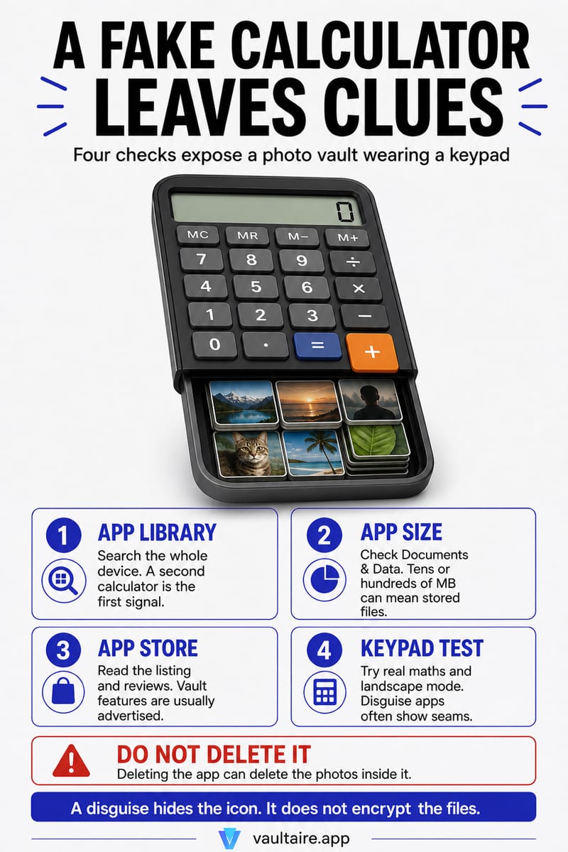 How to Spot a Fake Calculator App on an iPhone — illustrated Vaultaire guide card